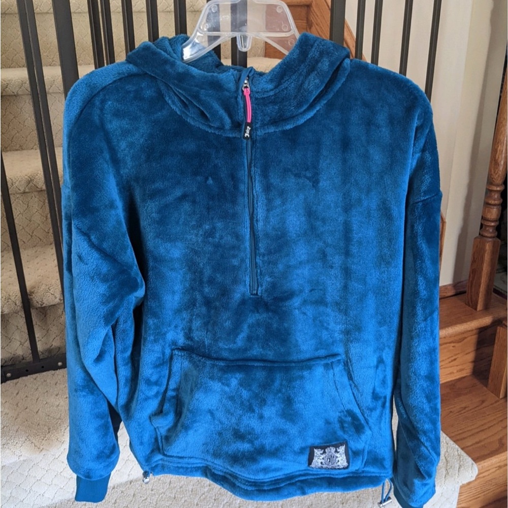 Juicy Couture Sport Half-Zip Pullover Plush Hoodie ~ Blue ~ Vintage Y2K